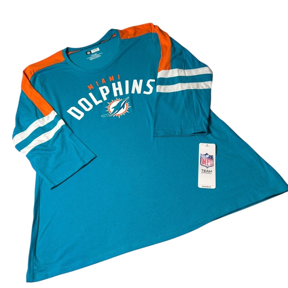 NEW Miami Dolphins NFL Womens XL Teal Orange 3/4 Sleeve T Shirt Team Apparel